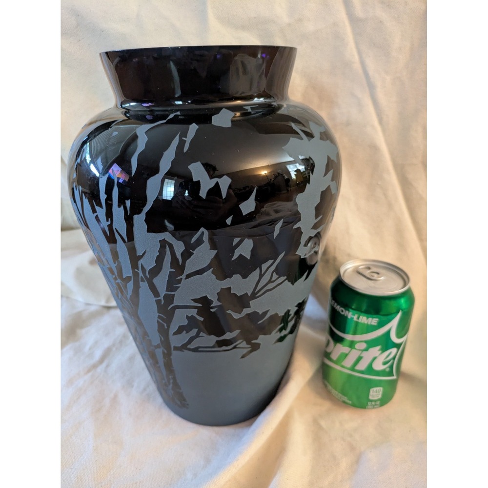 Kelsey Murphy Pilgrim Art Glass Sand Carved Cameo Urn Vase Black Signed 11 In